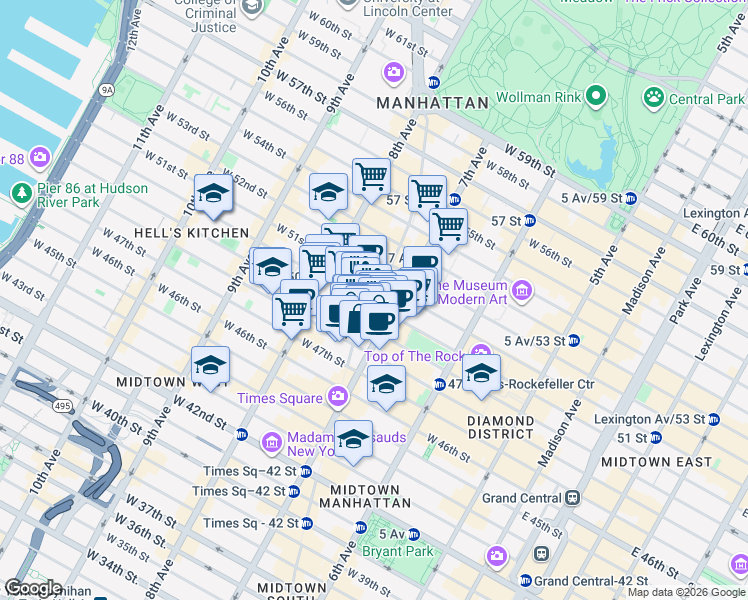 map of restaurants, bars, coffee shops, grocery stores, and more near in New York