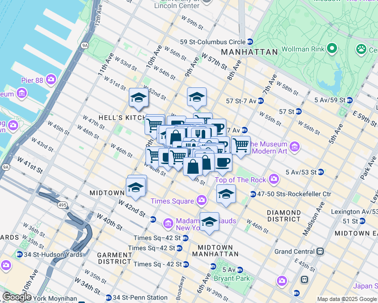map of restaurants, bars, coffee shops, grocery stores, and more near in New York