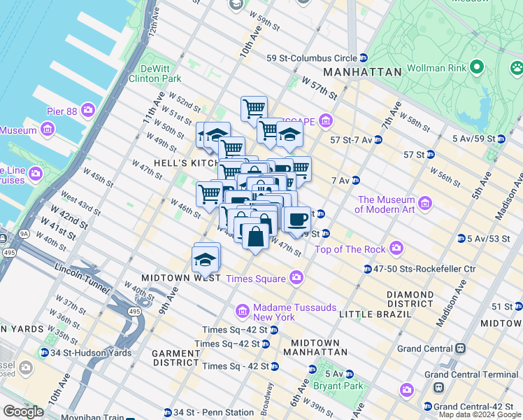map of restaurants, bars, coffee shops, grocery stores, and more near in New York