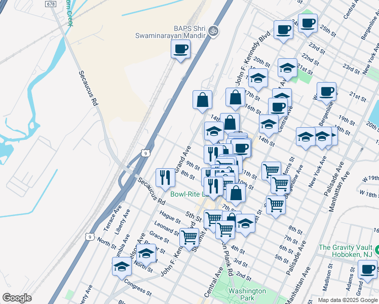 map of restaurants, bars, coffee shops, grocery stores, and more near 1316 9th Street in North Bergen
