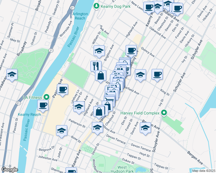 map of restaurants, bars, coffee shops, grocery stores, and more near 92 Windsor Street in Kearny