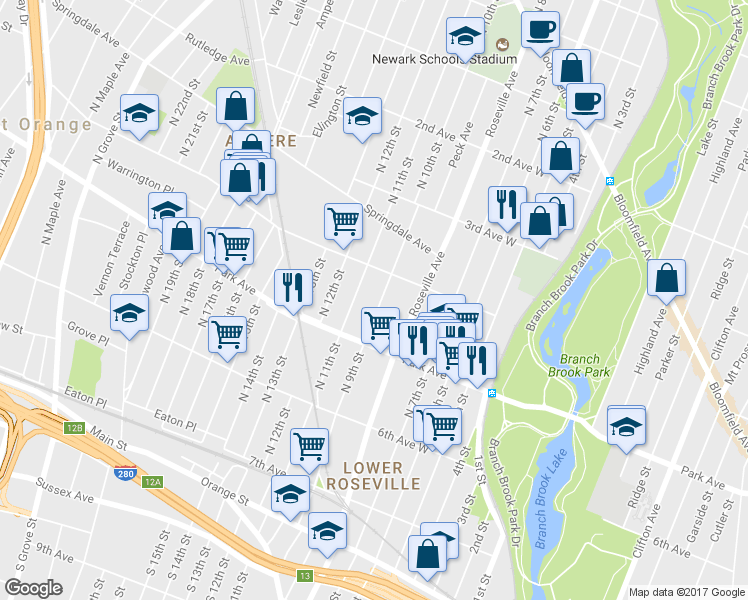 map of restaurants, bars, coffee shops, grocery stores, and more near 147 North 9th Street in Newark