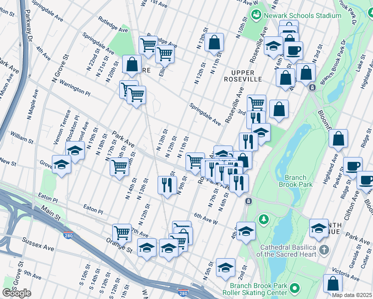 map of restaurants, bars, coffee shops, grocery stores, and more near 147 North 9th Street in Newark