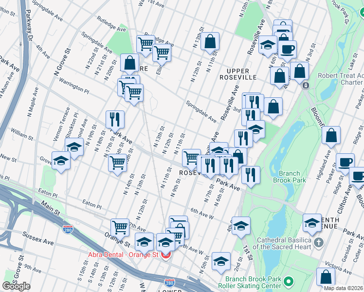 map of restaurants, bars, coffee shops, grocery stores, and more near 147 North 9th Street in Newark