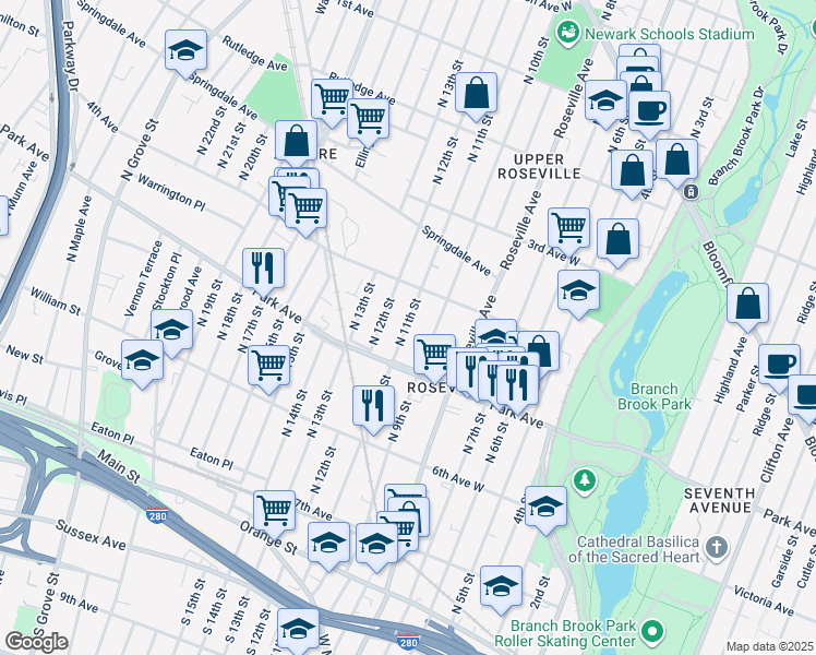 map of restaurants, bars, coffee shops, grocery stores, and more near 170 North 11th Street in Newark