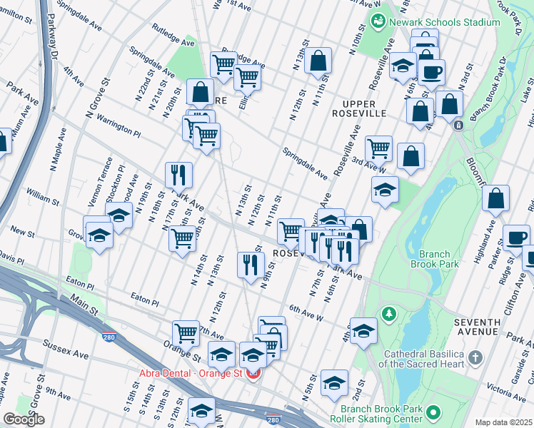 map of restaurants, bars, coffee shops, grocery stores, and more near 170 North 11th Street in Newark