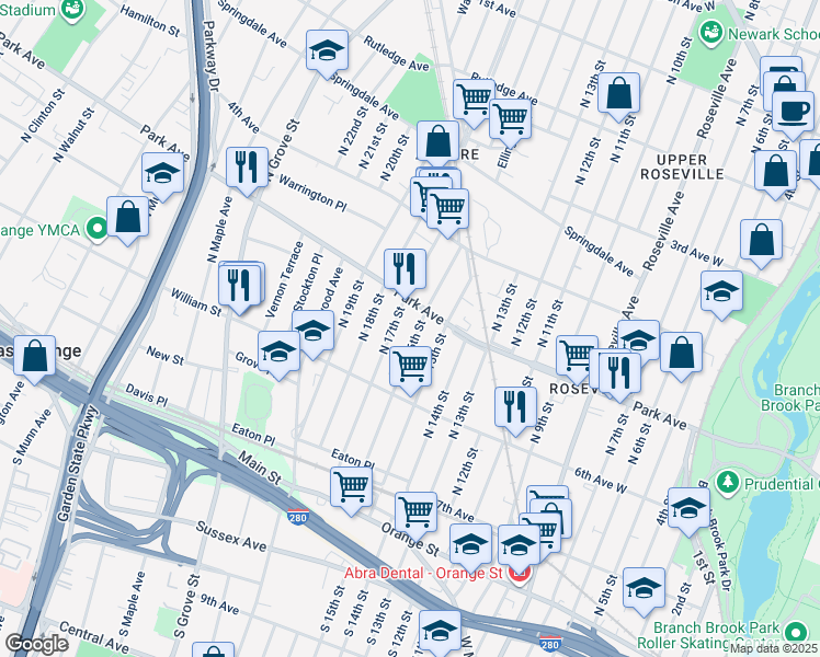 map of restaurants, bars, coffee shops, grocery stores, and more near 110 North 16th Street in East Orange