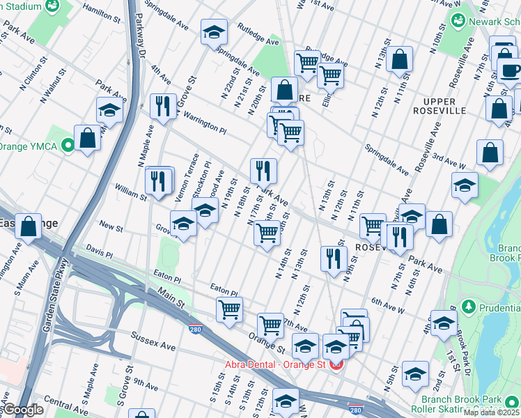 map of restaurants, bars, coffee shops, grocery stores, and more near 110 North 16th Street in East Orange
