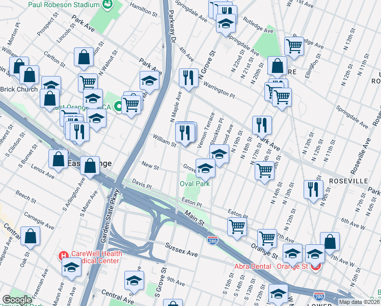 map of restaurants, bars, coffee shops, grocery stores, and more near 155 William Street in East Orange