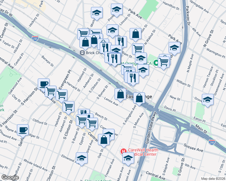 map of restaurants, bars, coffee shops, grocery stores, and more near 30 Lenox Avenue in East Orange