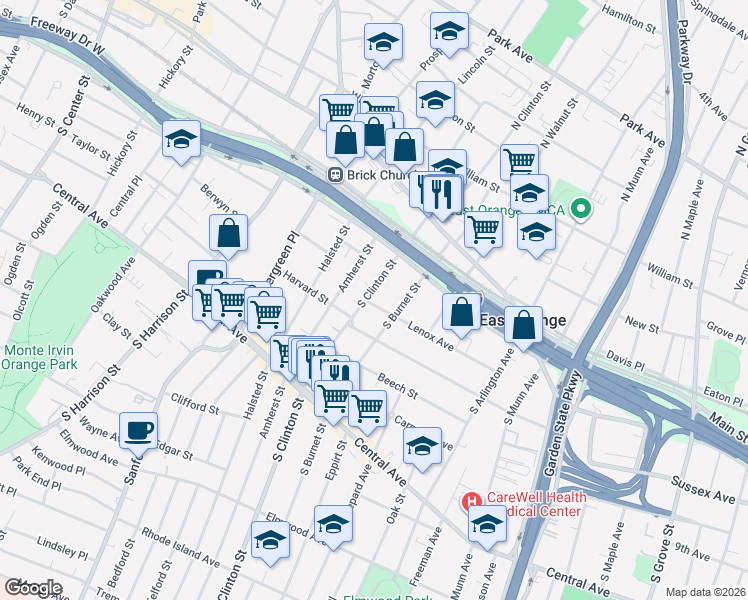 map of restaurants, bars, coffee shops, grocery stores, and more near 95 South Burnet Street in East Orange