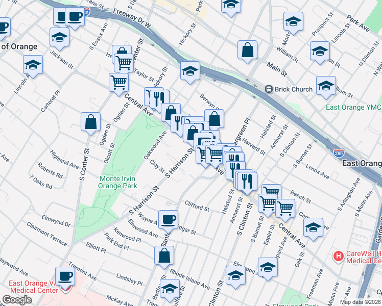 map of restaurants, bars, coffee shops, grocery stores, and more near 228 South Harrison Street in East Orange