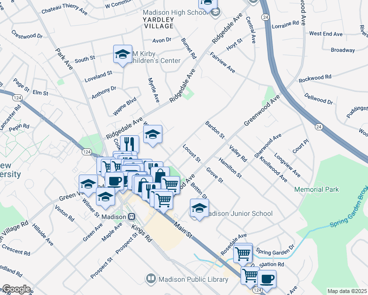 map of restaurants, bars, coffee shops, grocery stores, and more near 7 Locust Street in Madison