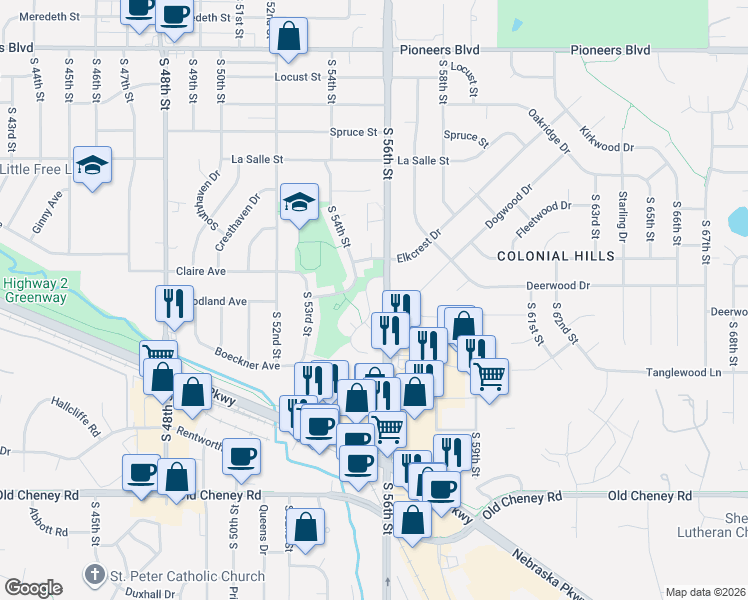 map of restaurants, bars, coffee shops, grocery stores, and more near 5500 Quail Ridge Place in Lincoln