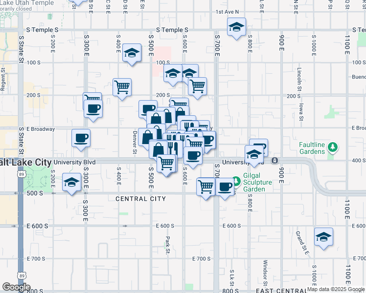 map of restaurants, bars, coffee shops, grocery stores, and more near 575 East 400 South in Salt Lake City