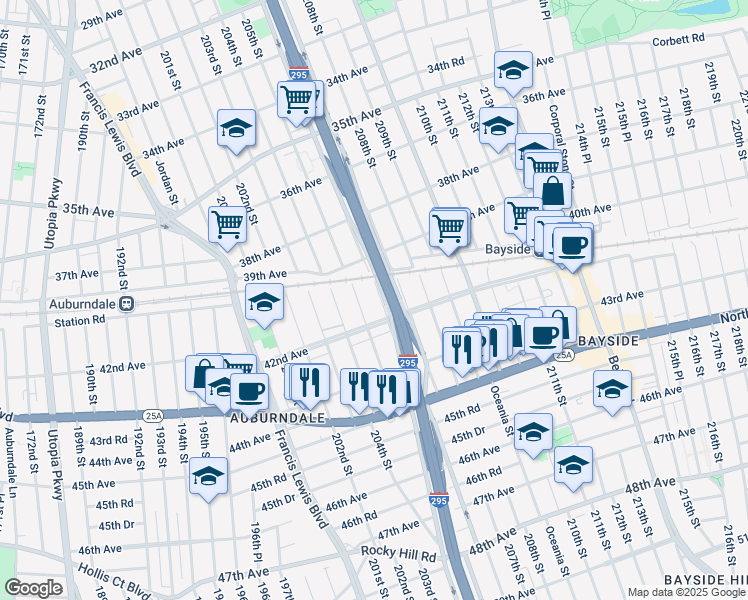 map of restaurants, bars, coffee shops, grocery stores, and more near 40-20 Clearview Expressway in Queens
