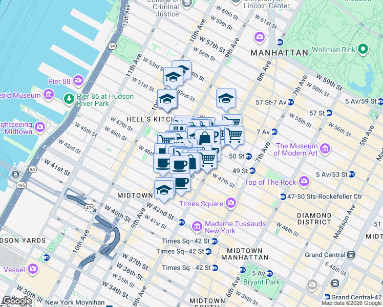 map of restaurants, bars, coffee shops, grocery stores, and more near 343 West 47th Street in New York
