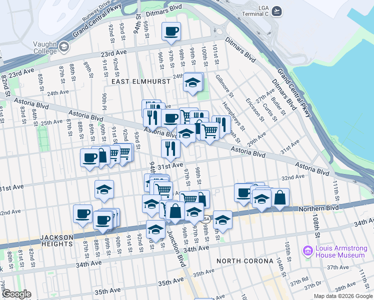 map of restaurants, bars, coffee shops, grocery stores, and more near 26-25 97th Street in Queens