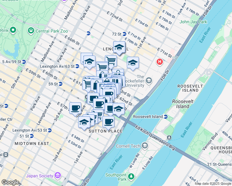 map of restaurants, bars, coffee shops, grocery stores, and more near 1134 1st Avenue in New York