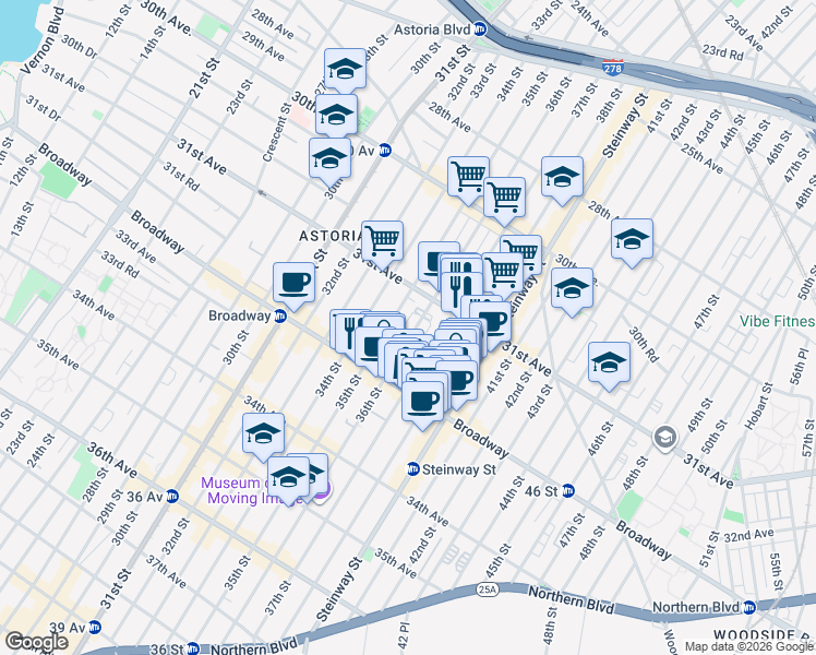 map of restaurants, bars, coffee shops, grocery stores, and more near 31-48 37th Street in Queens