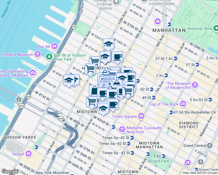 map of restaurants, bars, coffee shops, grocery stores, and more near 9th Ave & W 47th St in New York