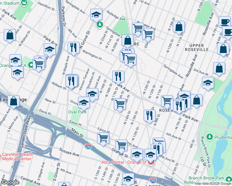 map of restaurants, bars, coffee shops, grocery stores, and more near 95 North 17th Street in East Orange