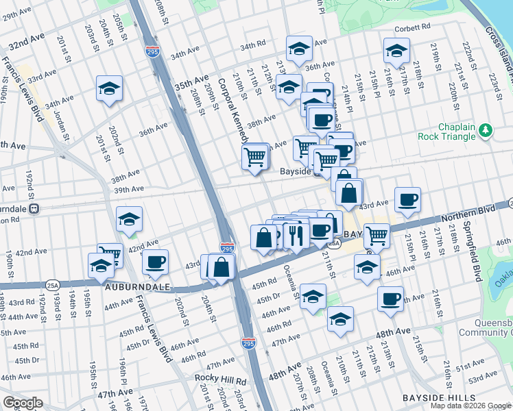 map of restaurants, bars, coffee shops, grocery stores, and more near 42nd Avenue & 209th Street in Queens