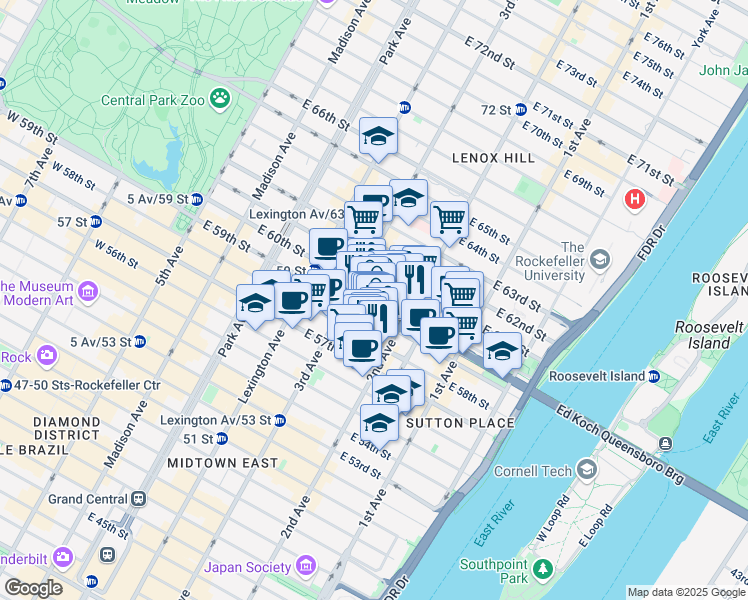 map of restaurants, bars, coffee shops, grocery stores, and more near 237 East 59th Street in New York