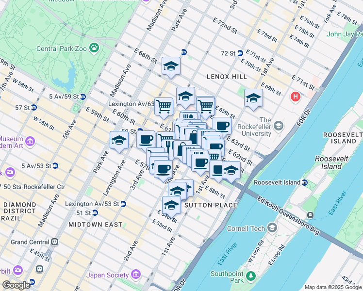 map of restaurants, bars, coffee shops, grocery stores, and more near 1151A 2nd Avenue in New York