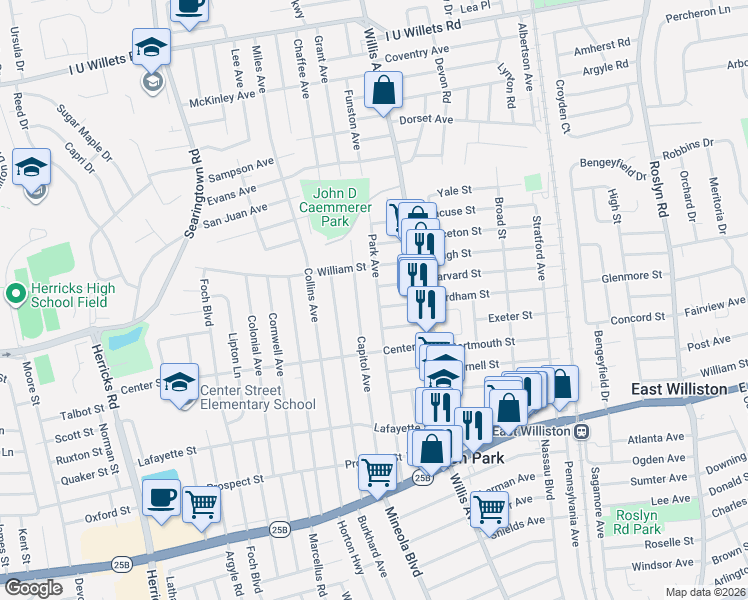 map of restaurants, bars, coffee shops, grocery stores, and more near 182 Park Avenue in Williston Park