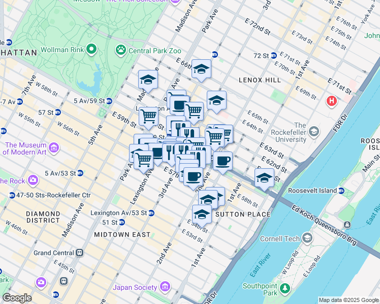 map of restaurants, bars, coffee shops, grocery stores, and more near 969 3rd Avenue in New York
