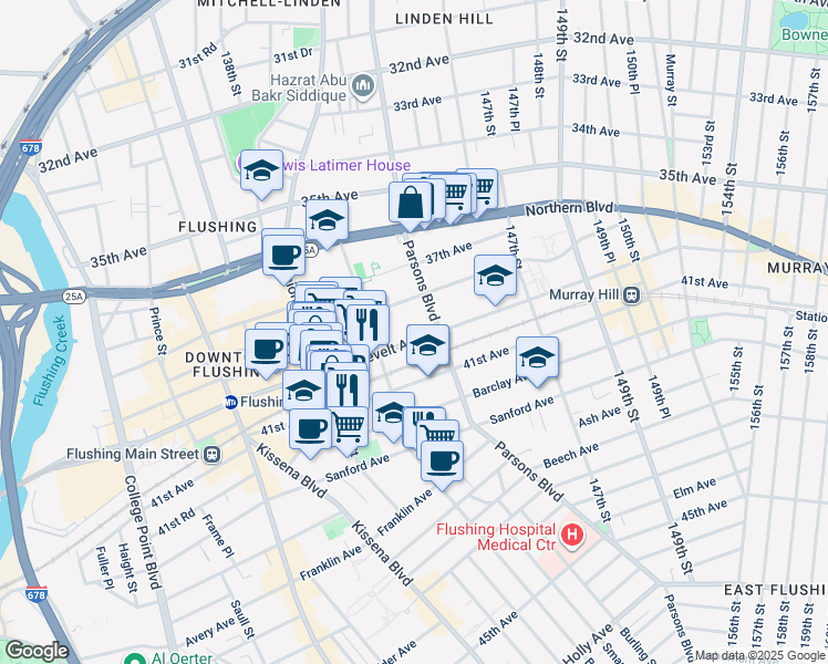 map of restaurants, bars, coffee shops, grocery stores, and more near 143-51 Roosevelt Avenue in Queens
