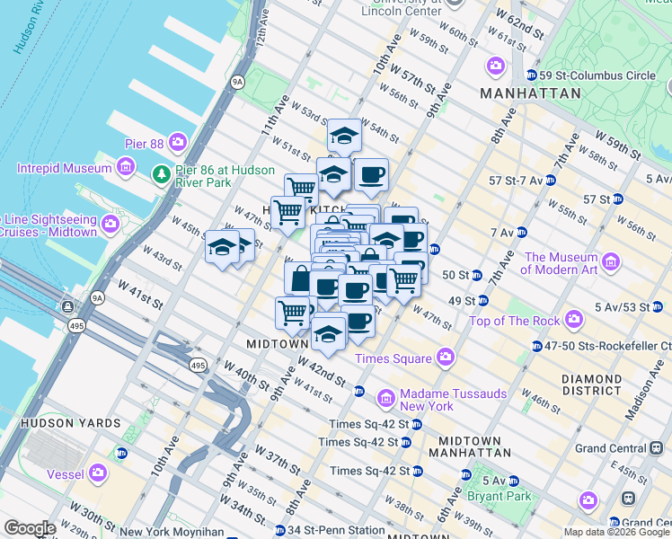 map of restaurants, bars, coffee shops, grocery stores, and more near 402 West 47th Street in New York