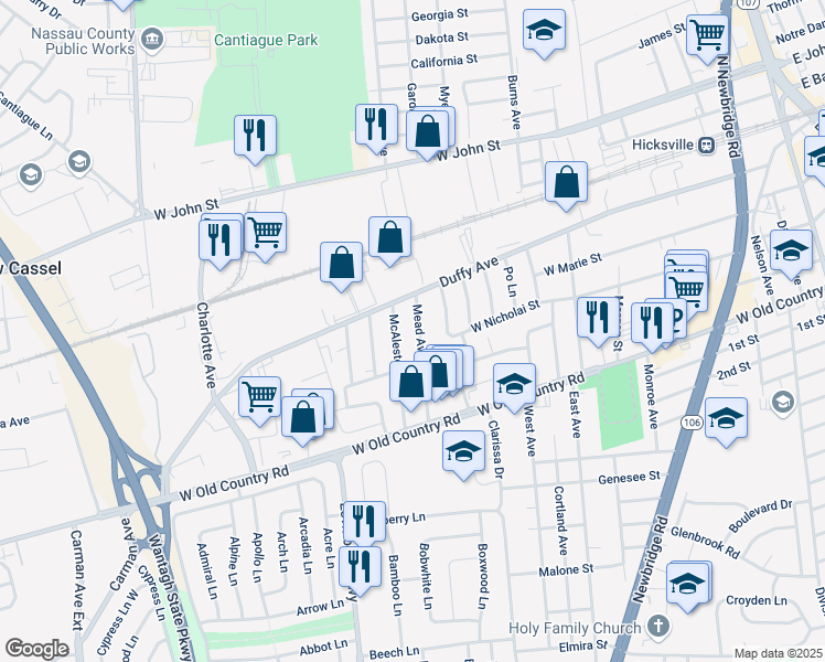 map of restaurants, bars, coffee shops, grocery stores, and more near 49 McAlester Avenue in Hicksville