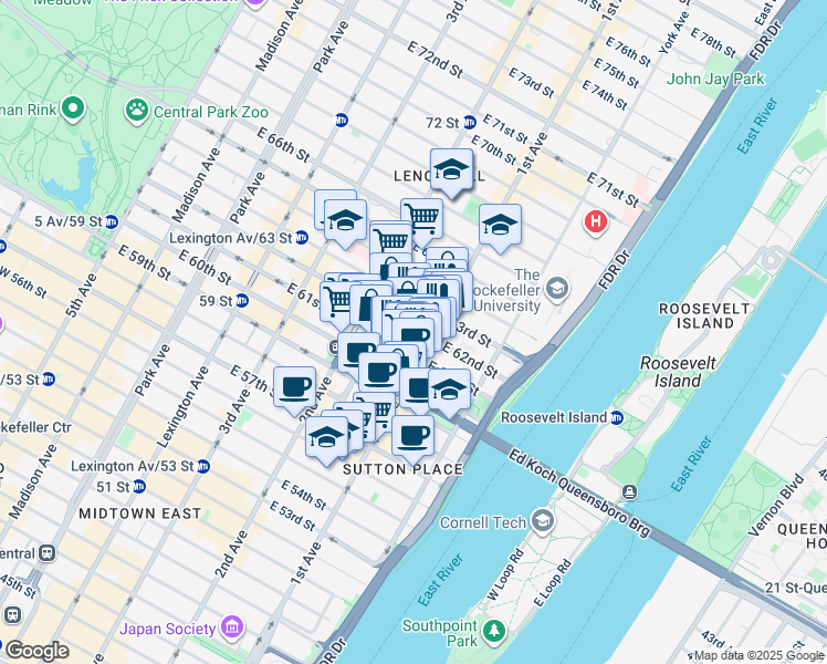map of restaurants, bars, coffee shops, grocery stores, and more near 1122 1st Avenue in New York