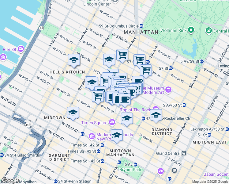 map of restaurants, bars, coffee shops, grocery stores, and more near 224 West 50th Street in New York