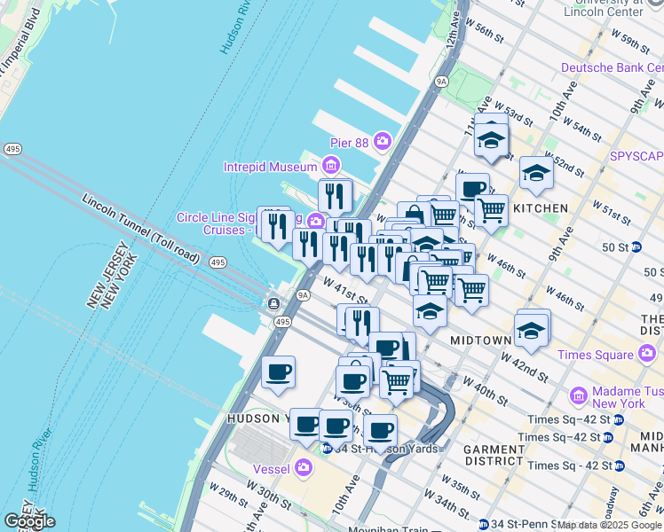 map of restaurants, bars, coffee shops, grocery stores, and more near 50 West 41st Street in New York