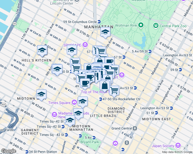 map of restaurants, bars, coffee shops, grocery stores, and more near 152 West 52nd Street in New York
