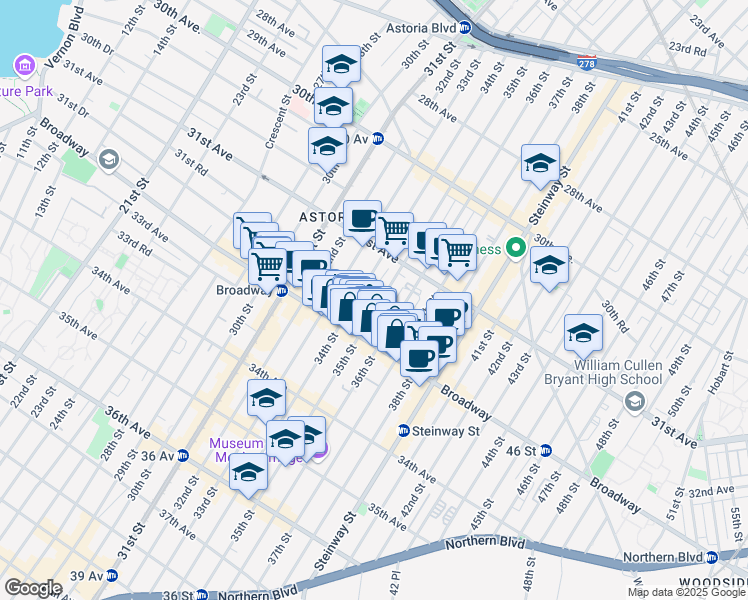 map of restaurants, bars, coffee shops, grocery stores, and more near 31-52 35th Street in Queens