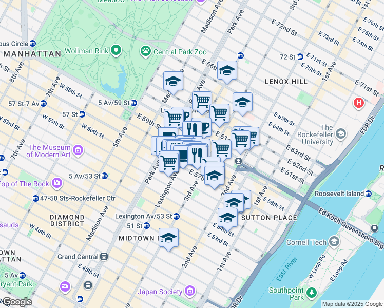map of restaurants, bars, coffee shops, grocery stores, and more near 145 East 58th Street in New York