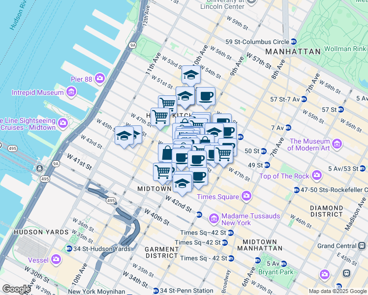 map of restaurants, bars, coffee shops, grocery stores, and more near 406 West 47th Street in New York