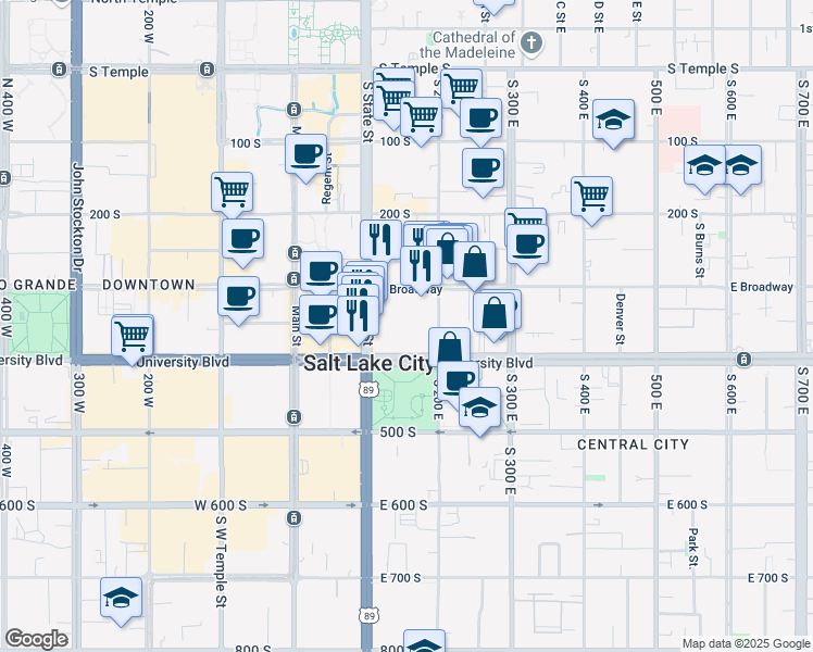 map of restaurants, bars, coffee shops, grocery stores, and more near 350 South 200 East in Salt Lake City