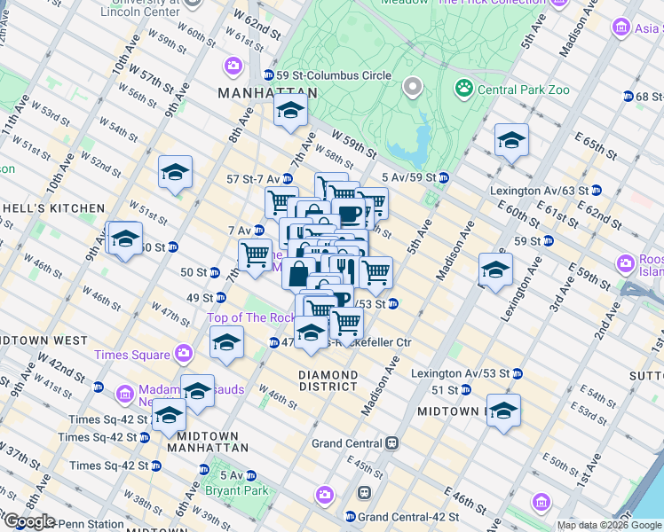 map of restaurants, bars, coffee shops, grocery stores, and more near 51 West 52nd Street in New York