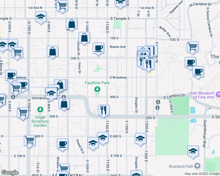 map of restaurants, bars, coffee shops, grocery stores, and more near 343 South 1100 East in Salt Lake City