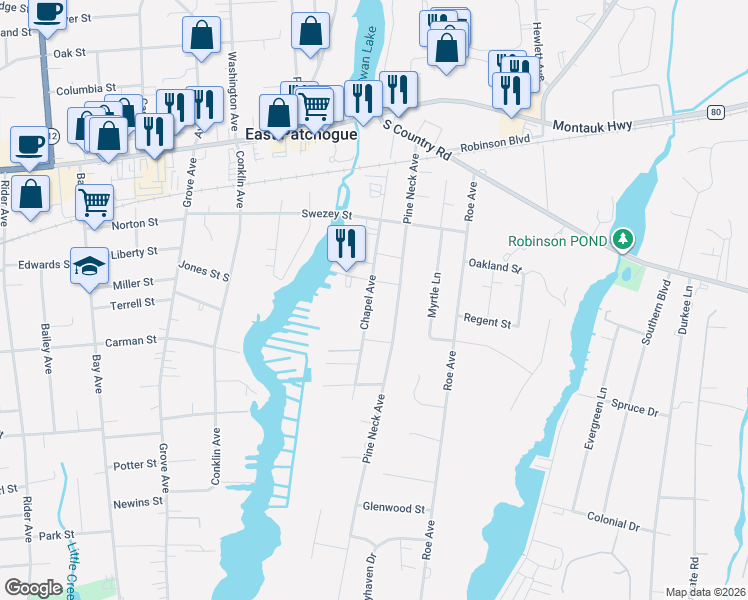map of restaurants, bars, coffee shops, grocery stores, and more near 115 Chapel Avenue in East Patchogue