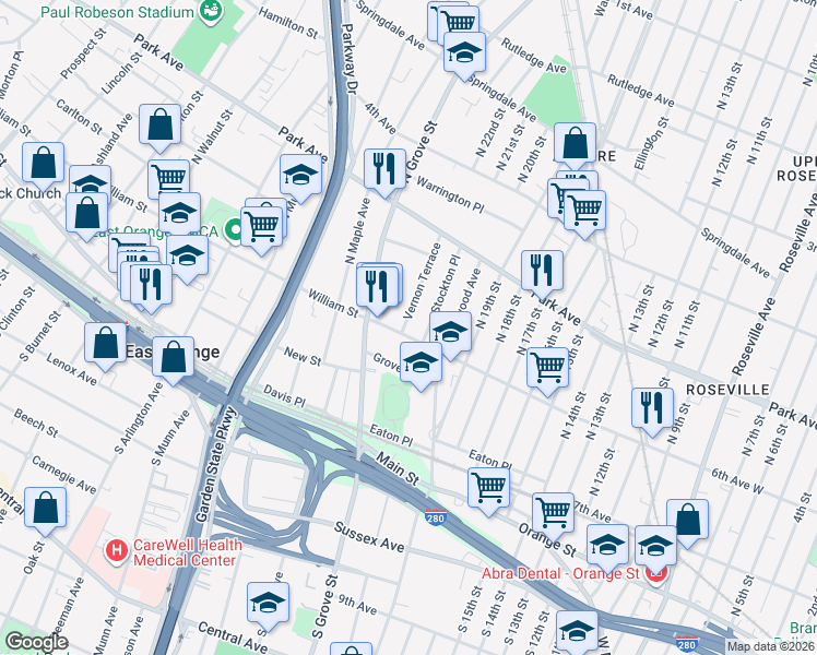 map of restaurants, bars, coffee shops, grocery stores, and more near 155 William Street in East Orange