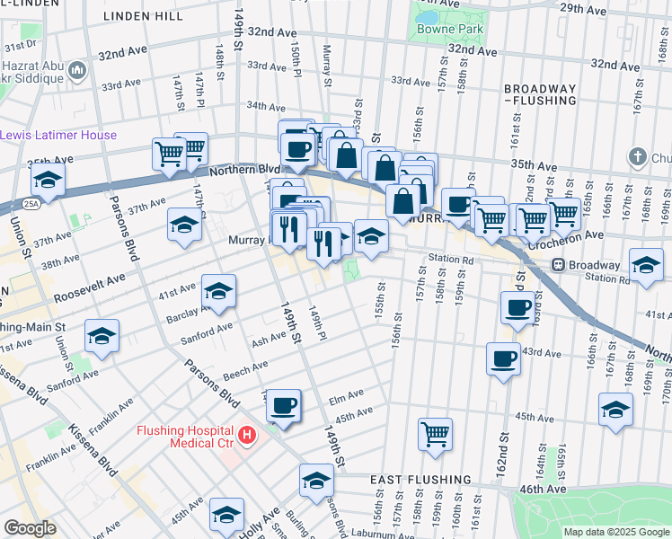 map of restaurants, bars, coffee shops, grocery stores, and more near 150-24 Barclay Avenue in Queens