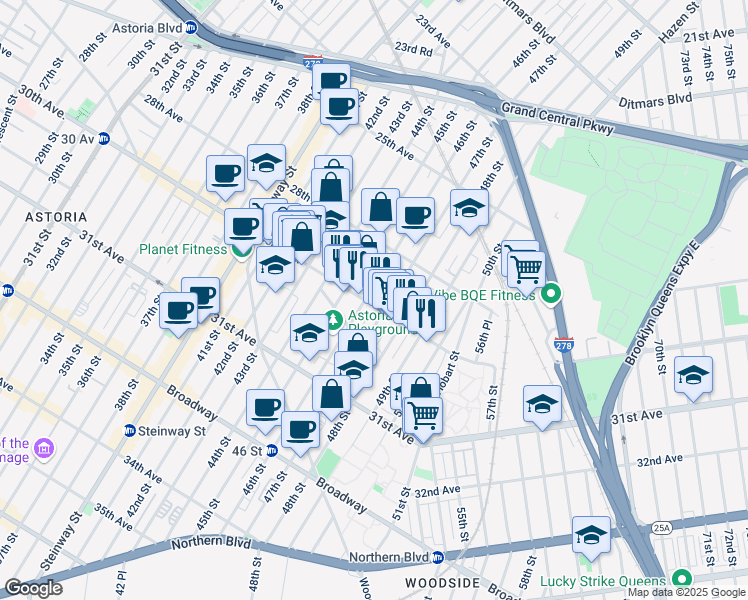 map of restaurants, bars, coffee shops, grocery stores, and more near in Queens