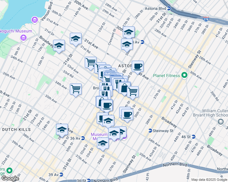 map of restaurants, bars, coffee shops, grocery stores, and more near 32-3 31st Street in Queens