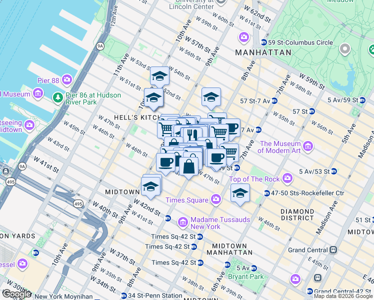 map of restaurants, bars, coffee shops, grocery stores, and more near 319 West 48th Street in New York